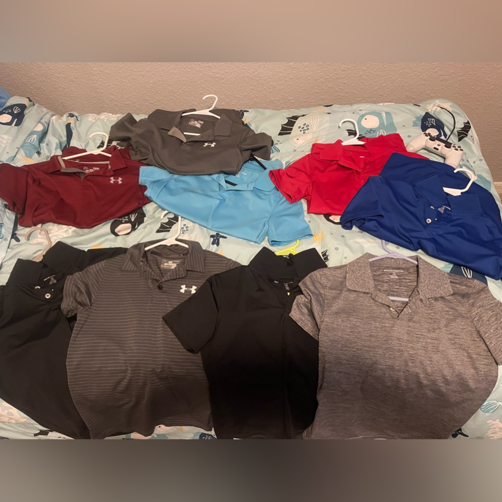 9 boys large (10/12) uniform collard shirts. Dri fit under Armour
